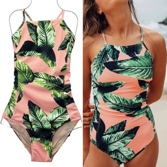 Albion Waikiki One Piece Swimsuit Pink Green Leaf Print Lace Up Back Size Medium - Picture 1 of 14